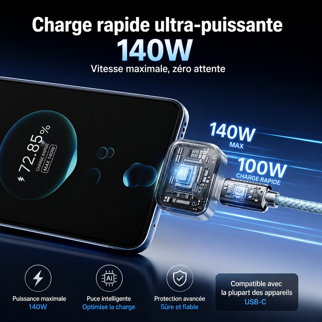 Chargeur Intelligent AutoCut™ 140W ⚡ Recharge ultra rapide. Protection intelligente.