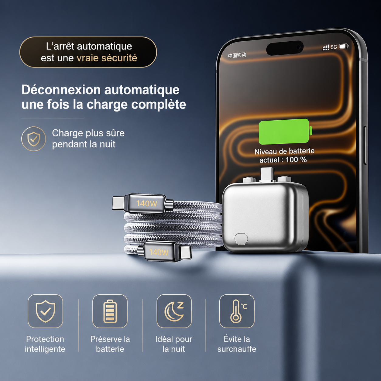 Chargeur Intelligent AutoCut™ 140W ⚡ Recharge ultra rapide. Protection intelligente.