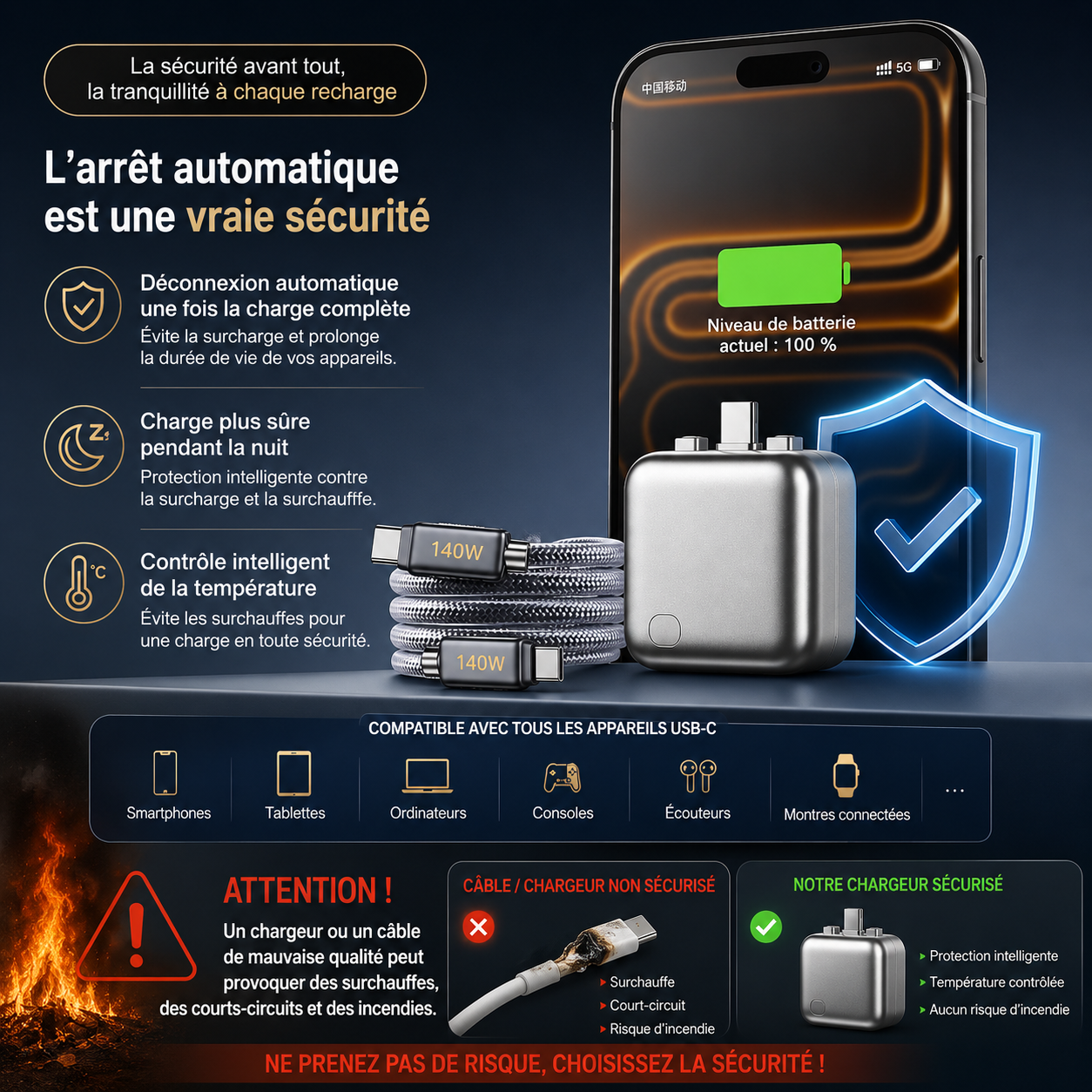 Chargeur Intelligent AutoCut™ 140W ⚡ Recharge ultra rapide. Protection intelligente.